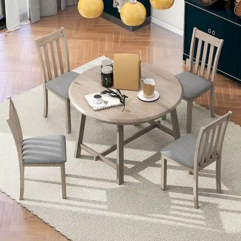 5-Piece Wooden Dining Table Set with Round Extendable Table & 4 Chairs