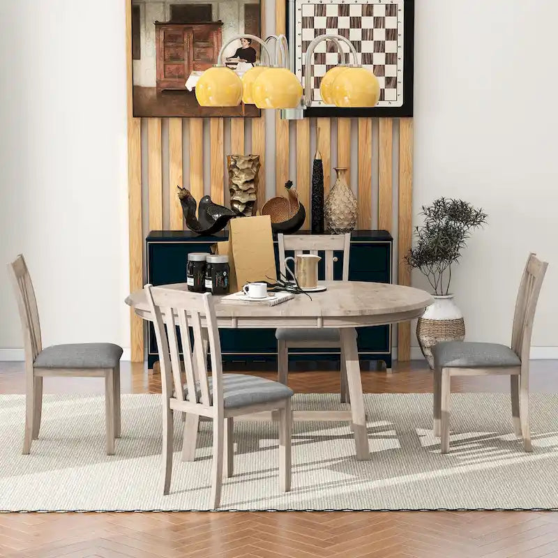 5-Piece Wooden Dining Table Set with Round Extendable Table & 4 Chairs