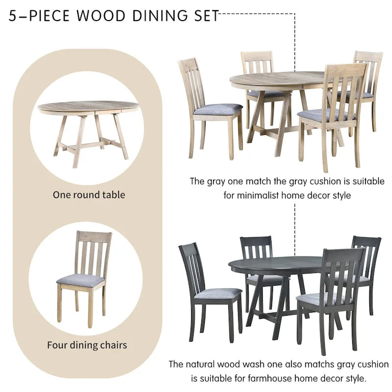 5-Piece Wooden Dining Table Set with Round Extendable Table & 4 Chairs