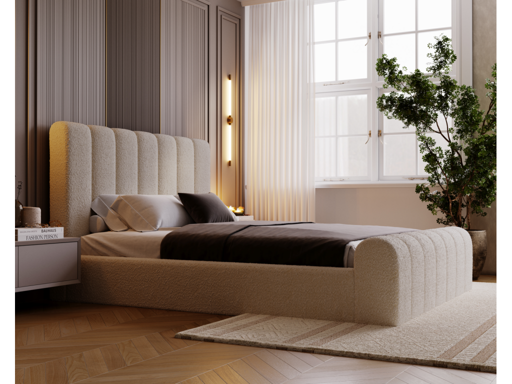 Beige Boucle Fabric Bed, 200 x 200 cm