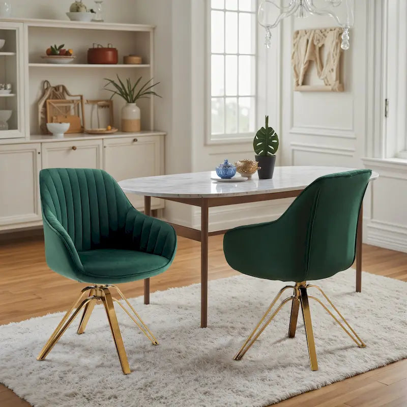 Art Leon Set of 2 Velvet Swivel Dining Chair with Golden Legs