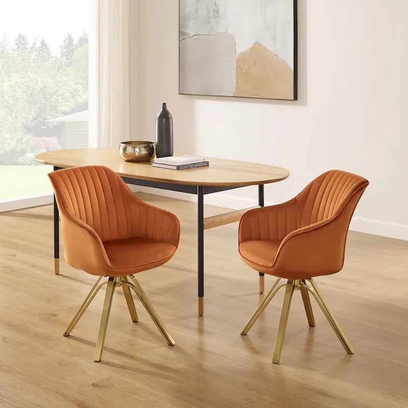 Art Leon Set of 2 Velvet Swivel Dining Chair with Golden Legs
