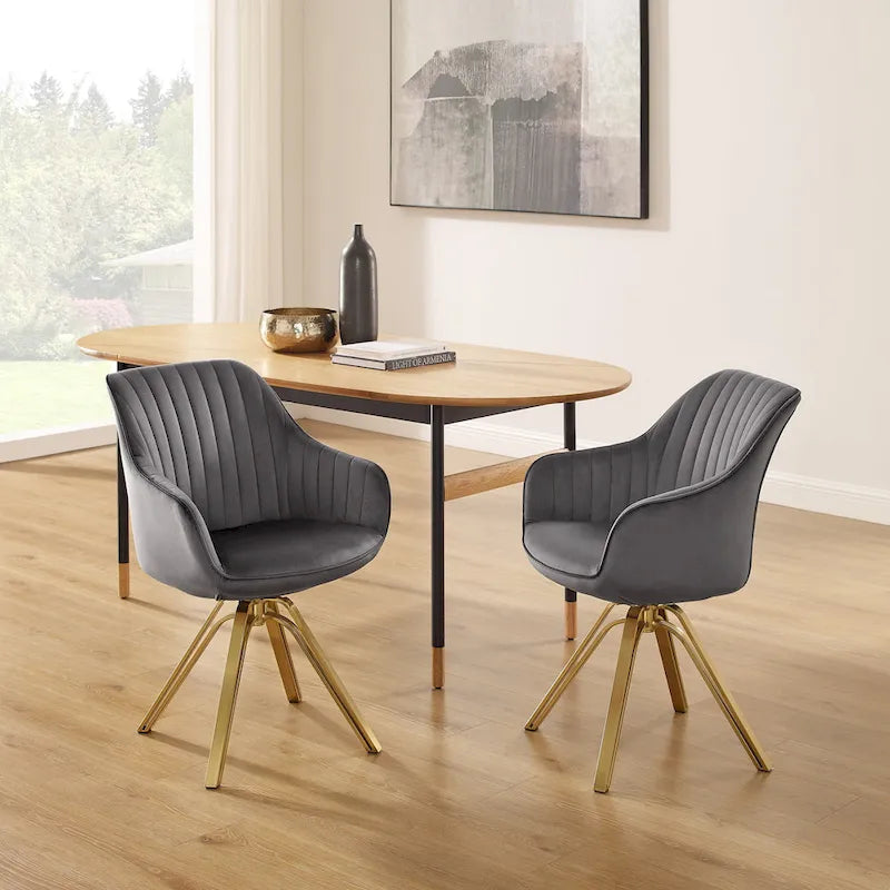 Art Leon Set of 2 Velvet Swivel Dining Chair with Golden Legs