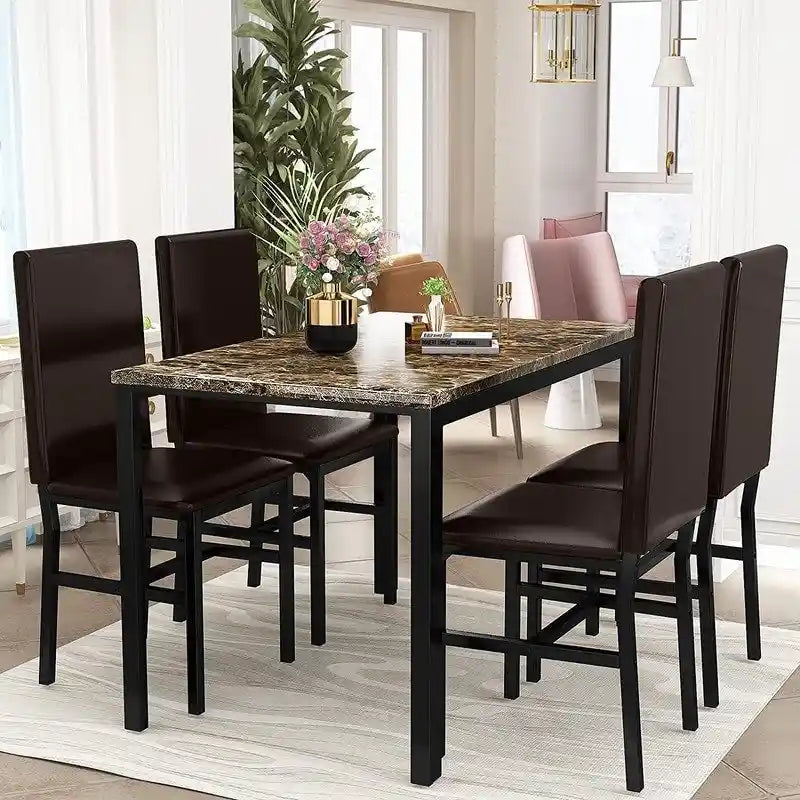 Modern Kitchen Dining Table Set for 4, Faux Marble Dining Set with 4 PU Leather Upholstered Chairs for Living Room, Kitchen