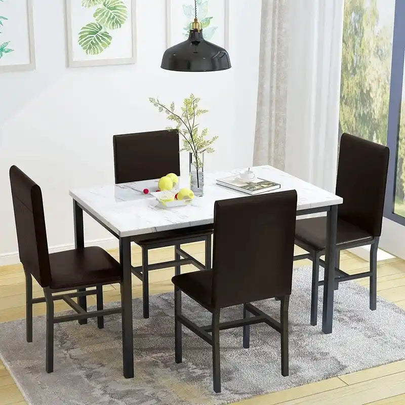 Modern Kitchen Dining Table Set for 4, Faux Marble Dining Set with 4 PU Leather Upholstered Chairs for Living Room, Kitchen