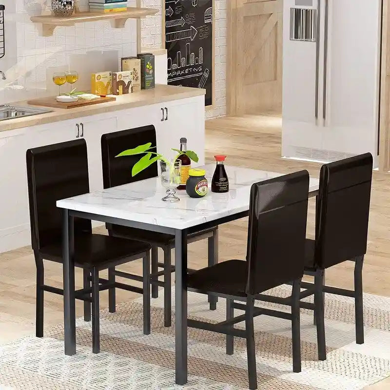 Modern Kitchen Dining Table Set for 4, Faux Marble Dining Set with 4 PU Leather Upholstered Chairs for Living Room, Kitchen