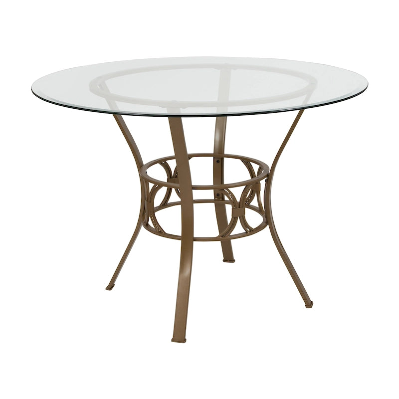 42  Round Glass Dining Table with Crescent Style Metal Frame