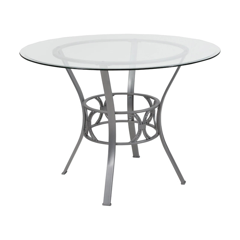 42  Round Glass Dining Table with Crescent Style Metal Frame