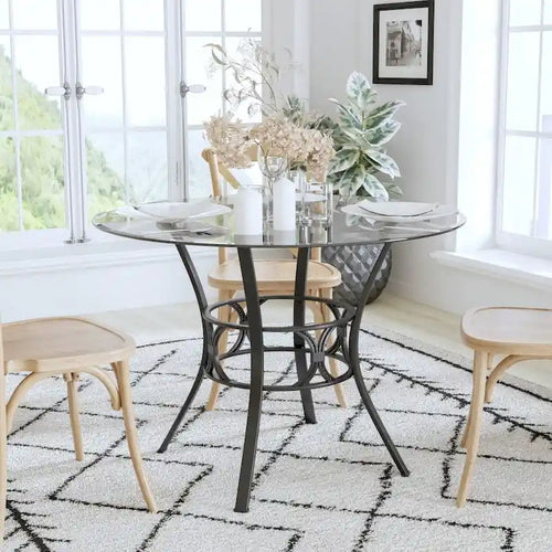 42  Round Glass Dining Table with Crescent Style Metal Frame