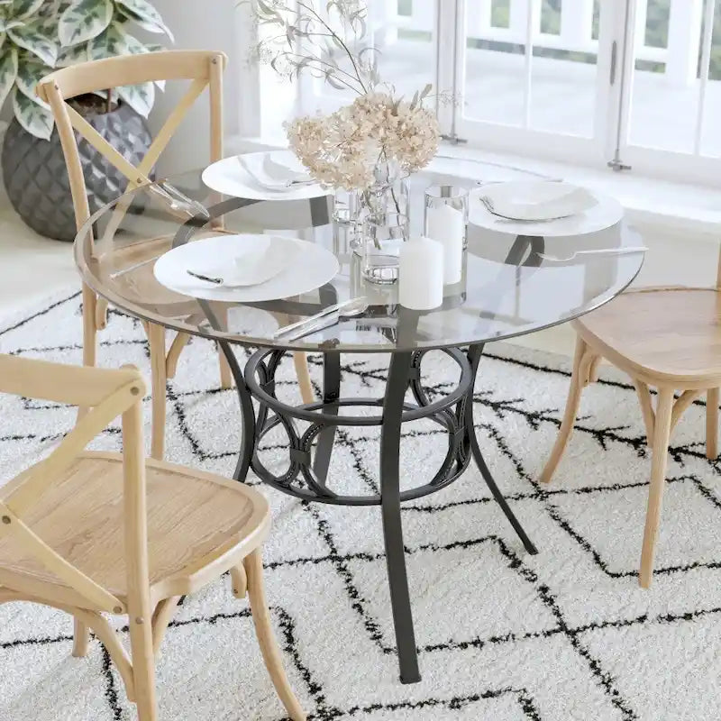 42  Round Glass Dining Table with Crescent Style Metal Frame