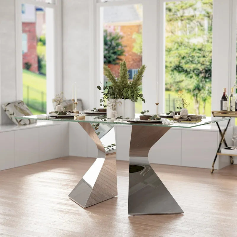 63 inch Glass Dining Table Modern Dining Room Table for 4-6 with Rectangle Tempered Glass Top and Metal Legs