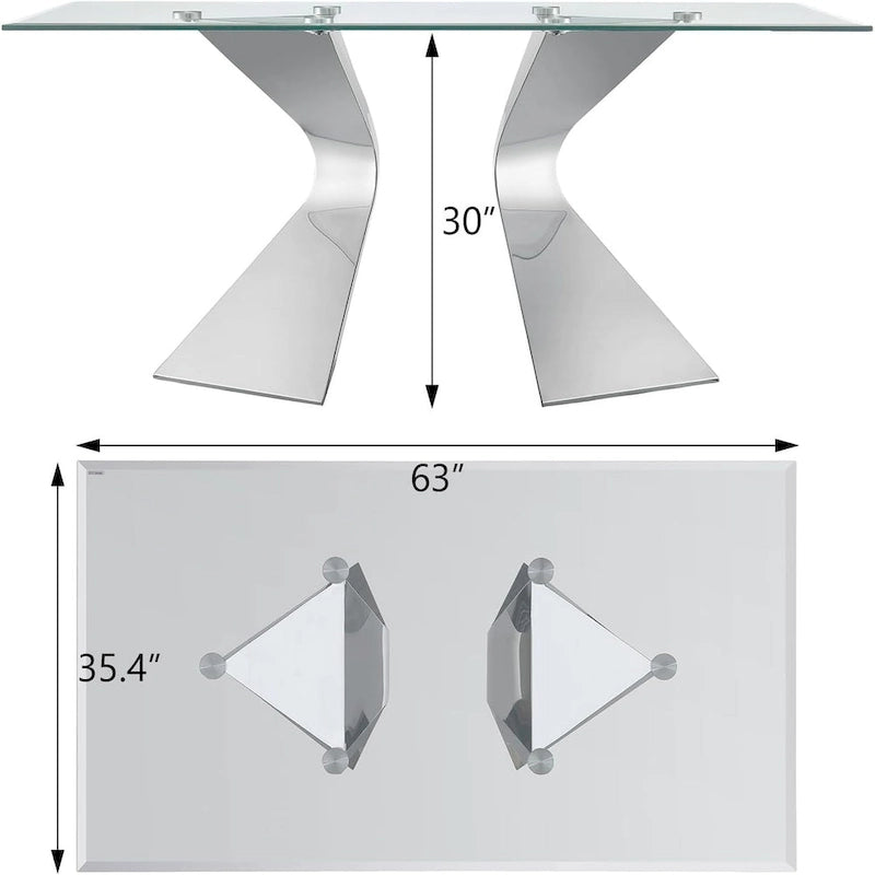 63 inch Glass Dining Table Modern Dining Room Table for 4-6 with Rectangle Tempered Glass Top and Metal Legs