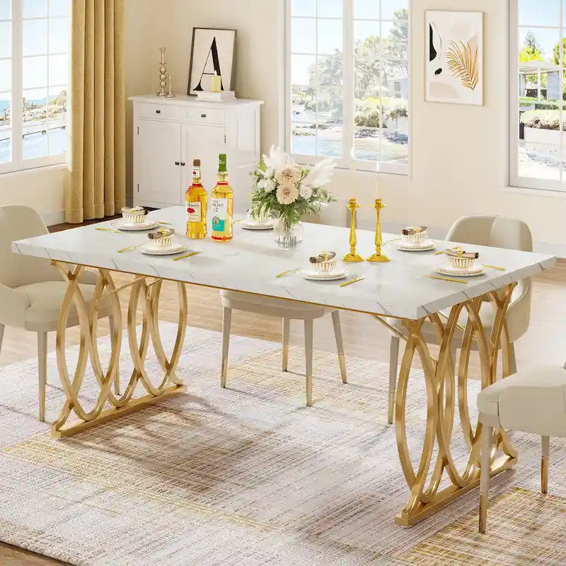 Modern Dining Table for 4-6 People, 63  Large Kitchen Table with Faux Marble Tabletop