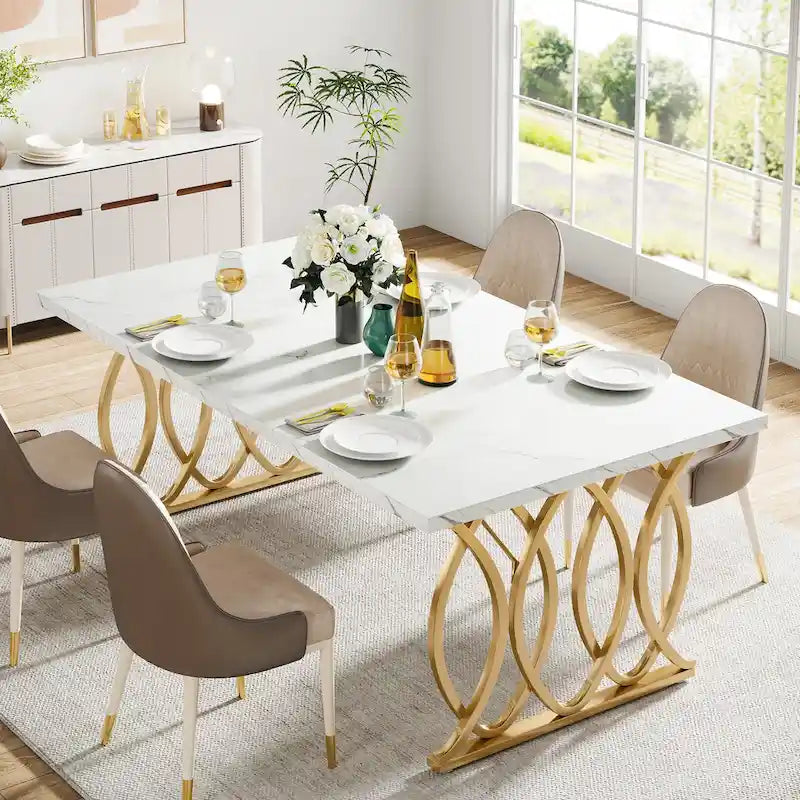 Modern Dining Table for 4-6 People, 63  Large Kitchen Table with Faux Marble Tabletop