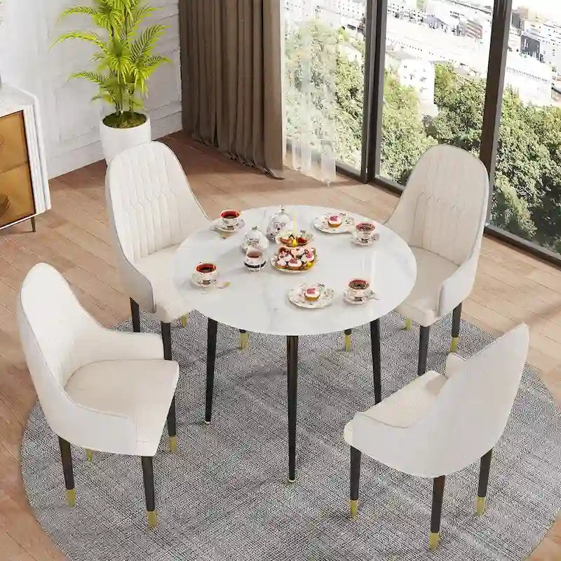 Round Kitchen Dining Table Marble Tabletop with Tapered Metal Legs - 31.5 W x 30 H