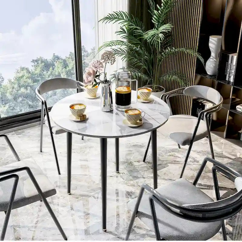 Round Kitchen Dining Table Marble Tabletop with Tapered Metal Legs - 31.5 W x 30 H