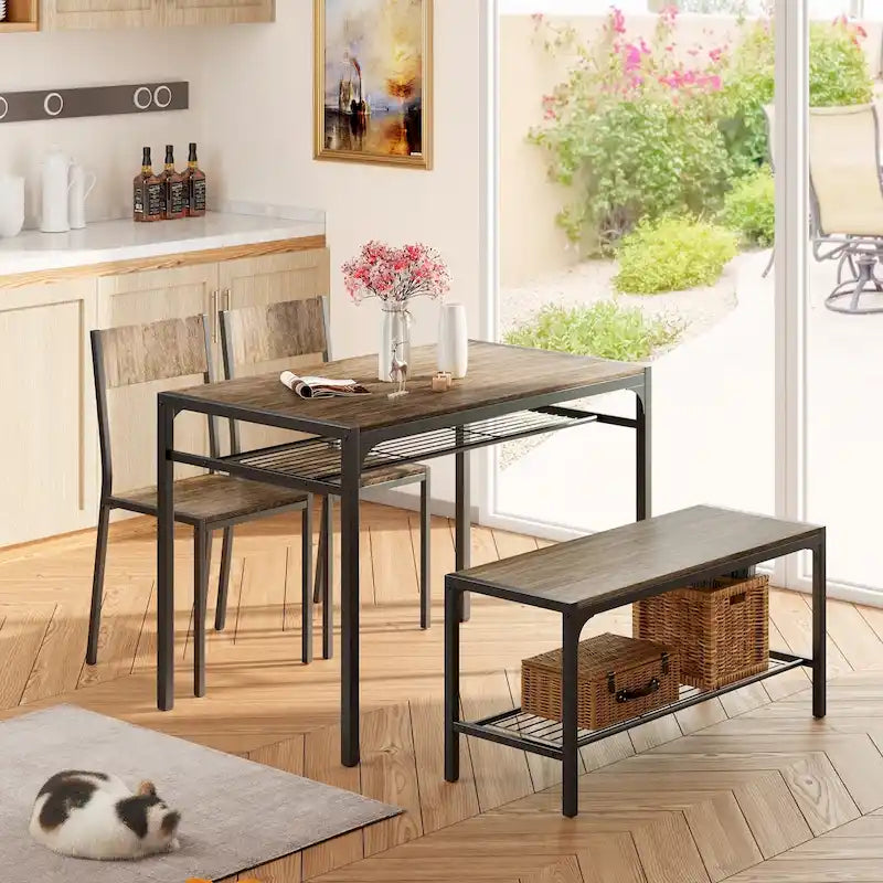 4 Piece Kitchen Dining Table with 2 Chair and Bench for Small Space