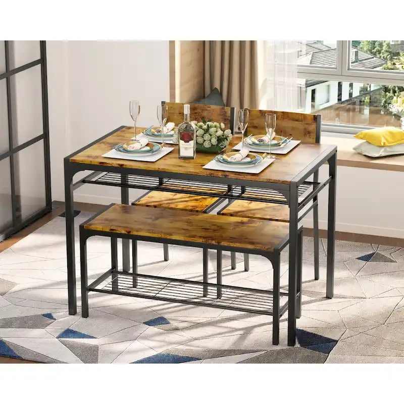 4 Piece Kitchen Dining Table with 2 Chair and Bench for Small Space