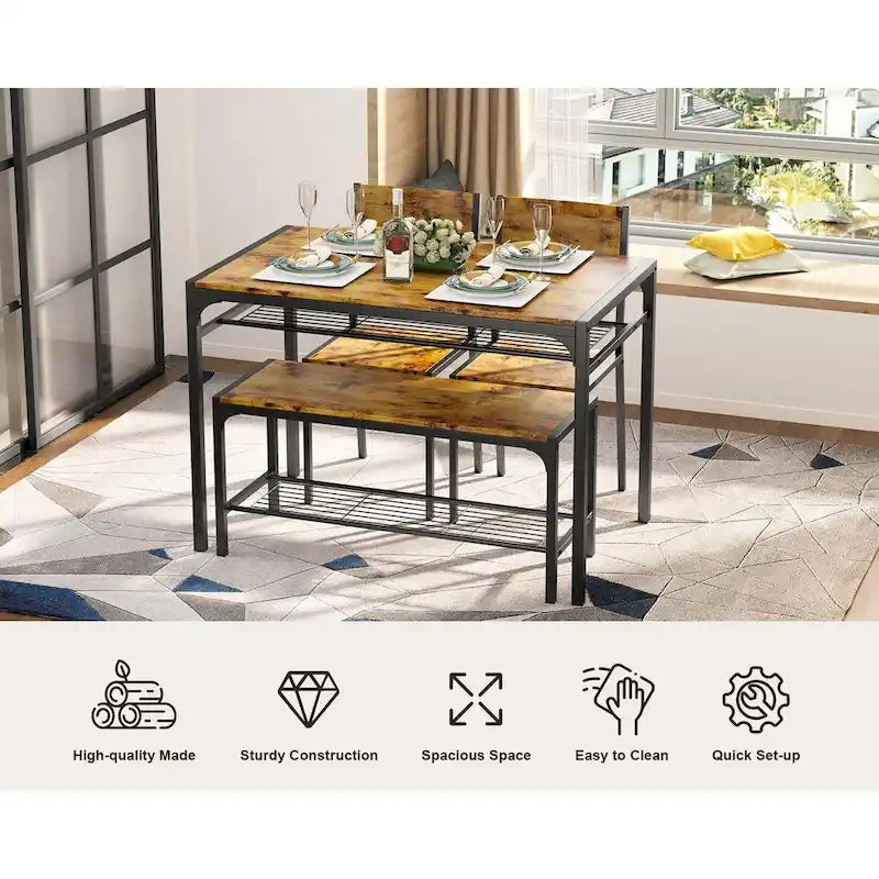 4 Piece Kitchen Dining Table with 2 Chair and Bench for Small Space