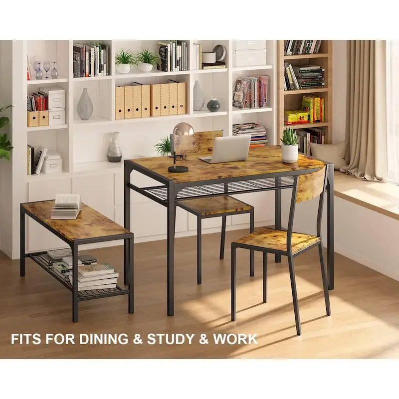 4 Piece Kitchen Dining Table with 2 Chair and Bench for Small Space