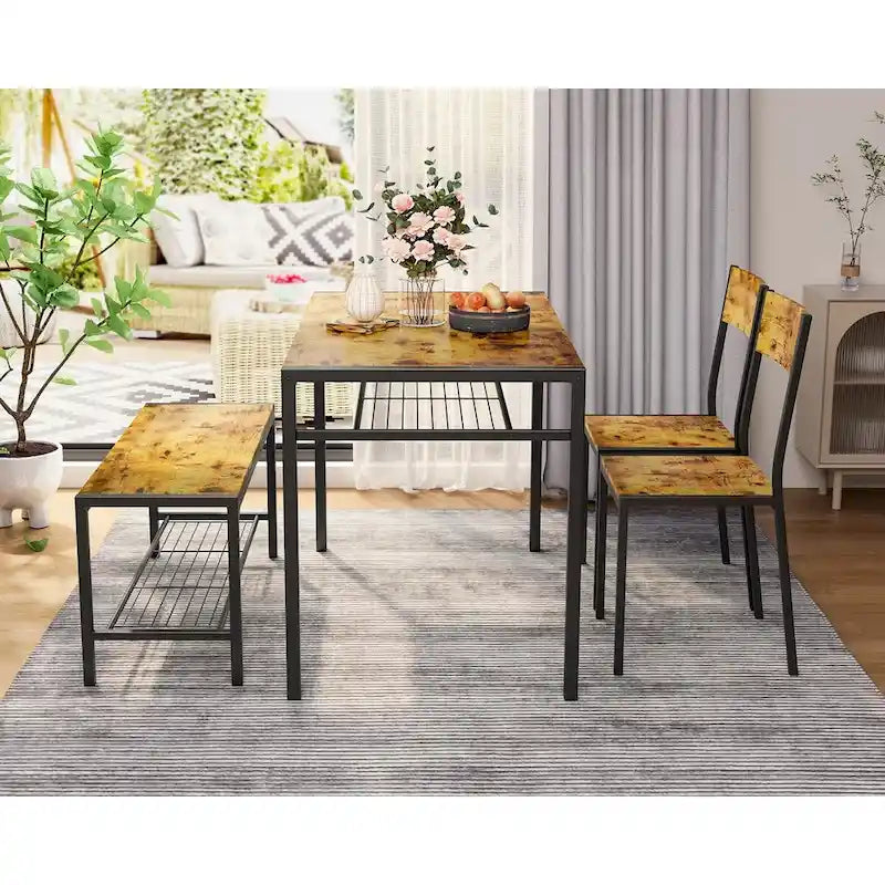 4 Piece Kitchen Dining Table with 2 Chair and Bench for Small Space