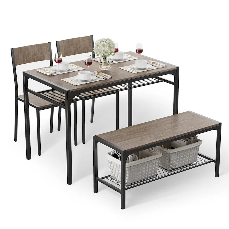 4 Piece Kitchen Dining Table with 2 Chair and Bench for Small Space