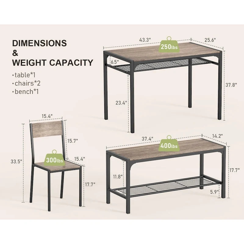 4 Piece Kitchen Dining Table with 2 Chair and Bench for Small Space