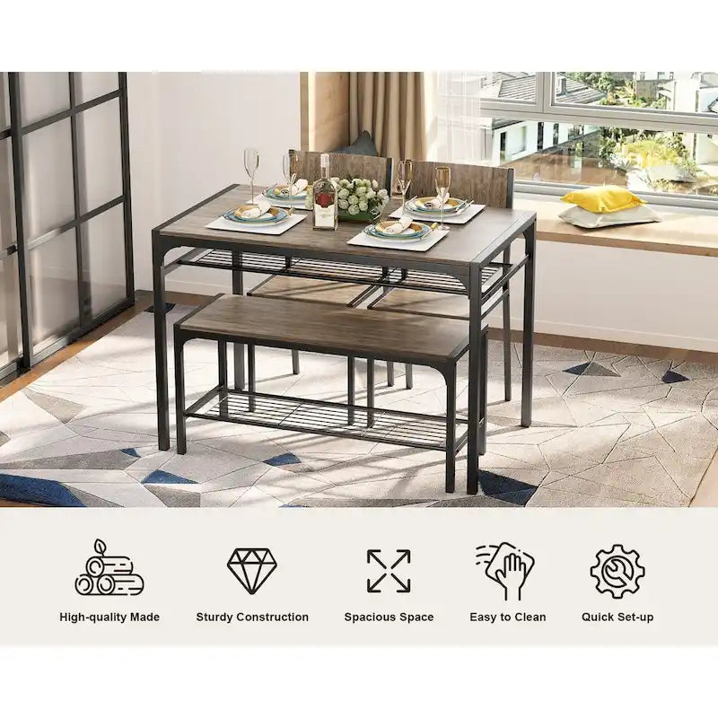 4 Piece Kitchen Dining Table with 2 Chair and Bench for Small Space