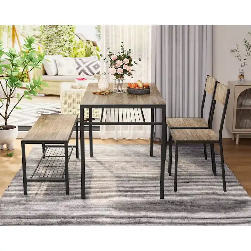 4 Piece Kitchen Dining Table with 2 Chair and Bench for Small Space