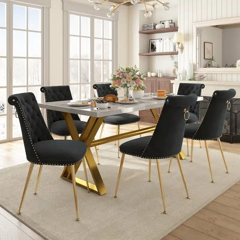 7-Piece Clihome Marble Dining Table with Velvet Chair Dining Chair