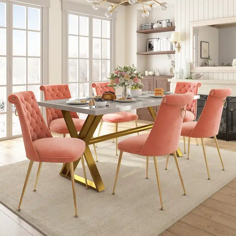 7-Piece Clihome Marble Dining Table with Velvet Chair Dining Chair