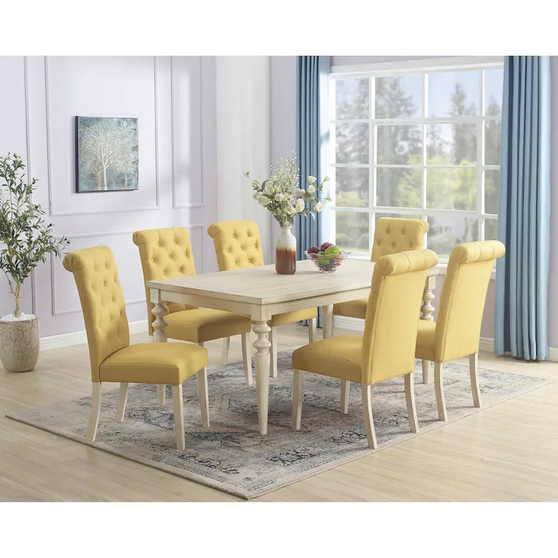 Roundhill Amonia 7-piece Dining Set, Turned-Leg Dining Table with 6 Tufted Chairs