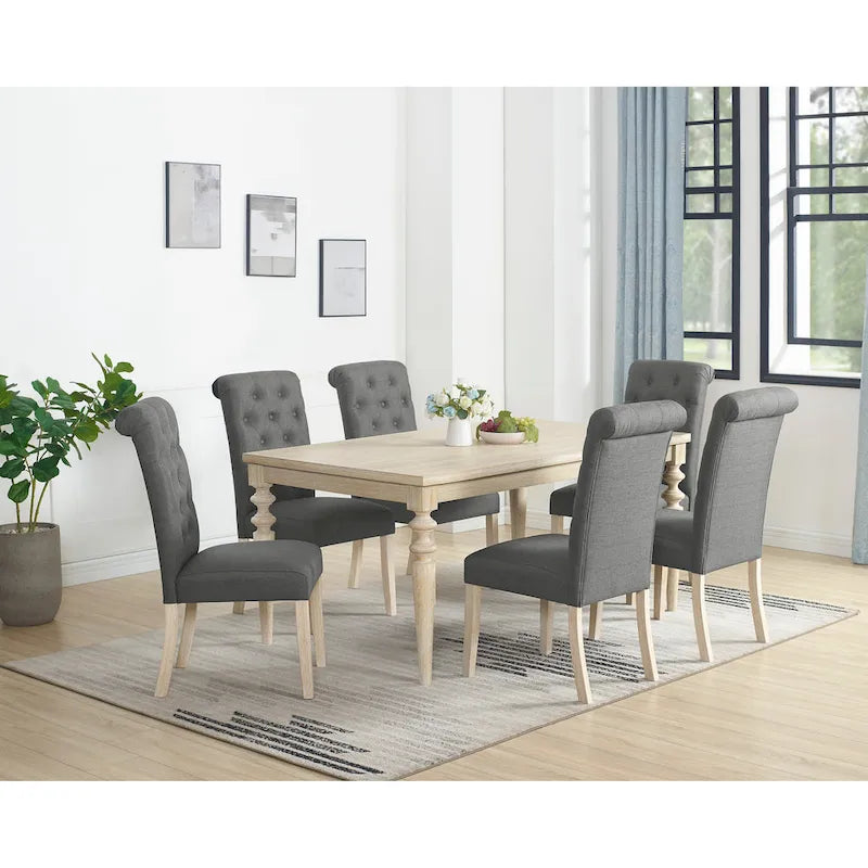 Roundhill Amonia 7-piece Dining Set, Turned-Leg Dining Table with 6 Tufted Chairs