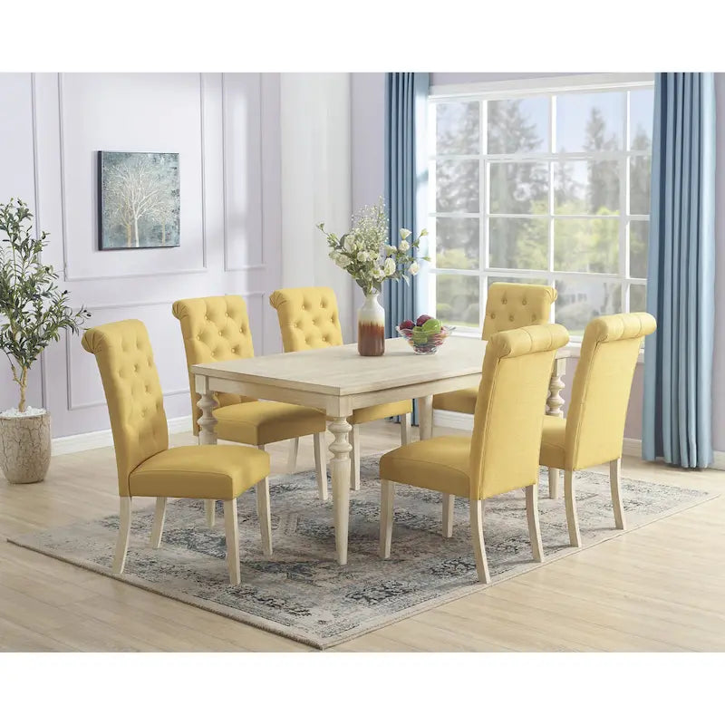 Roundhill Amonia 7-piece Dining Set, Turned-Leg Dining Table with 6 Tufted Chairs