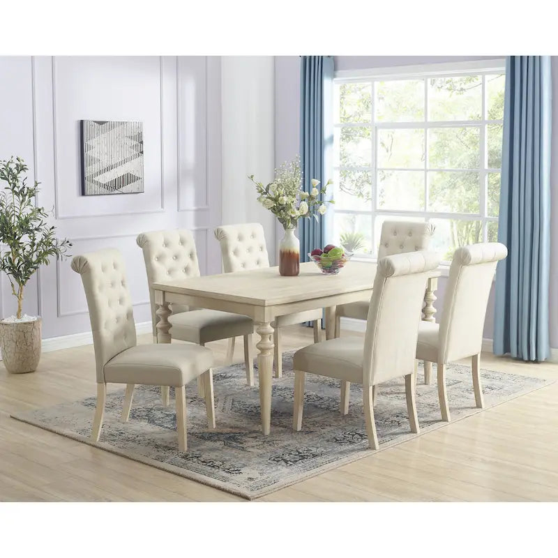 Roundhill Amonia 7-piece Dining Set, Turned-Leg Dining Table with 6 Tufted Chairs