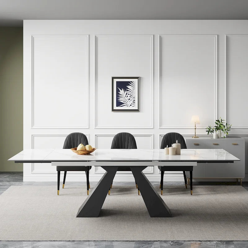 9 - Piece 110.24  Extendable Sintered Stone Dining Table and 8 Leather Chairs Dining Set