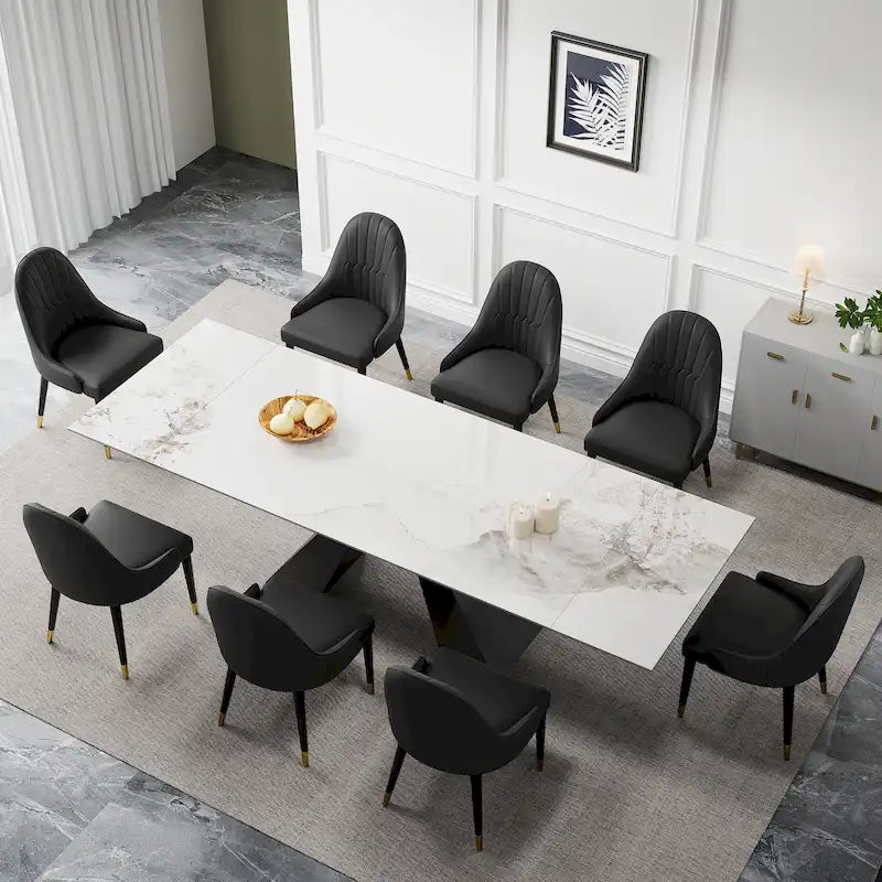 9 - Piece 110.24  Extendable Sintered Stone Dining Table and 8 Leather Chairs Dining Set