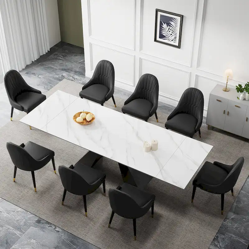 9 - Piece 110.24  Extendable Sintered Stone Dining Table and 8 Leather Chairs Dining Set