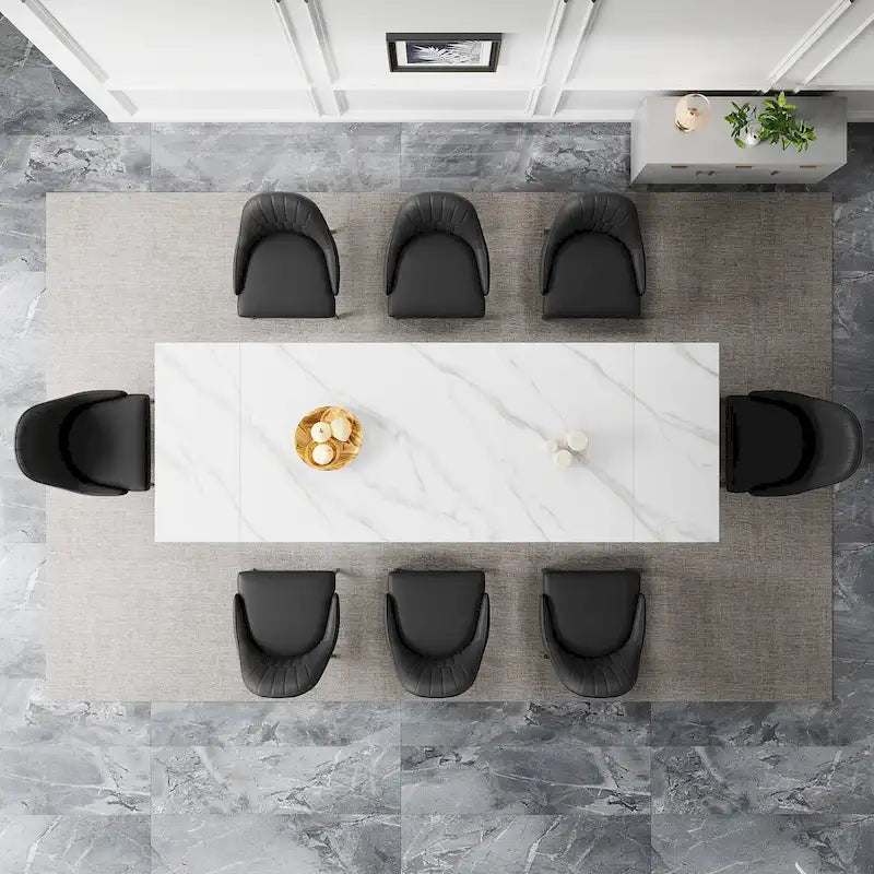 9 - Piece 110.24  Extendable Sintered Stone Dining Table and 8 Leather Chairs Dining Set