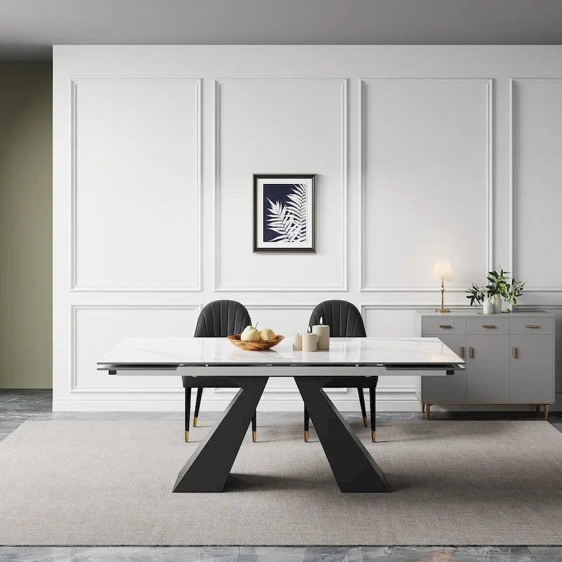 9 - Piece 110.24  Extendable Sintered Stone Dining Table and 8 Leather Chairs Dining Set