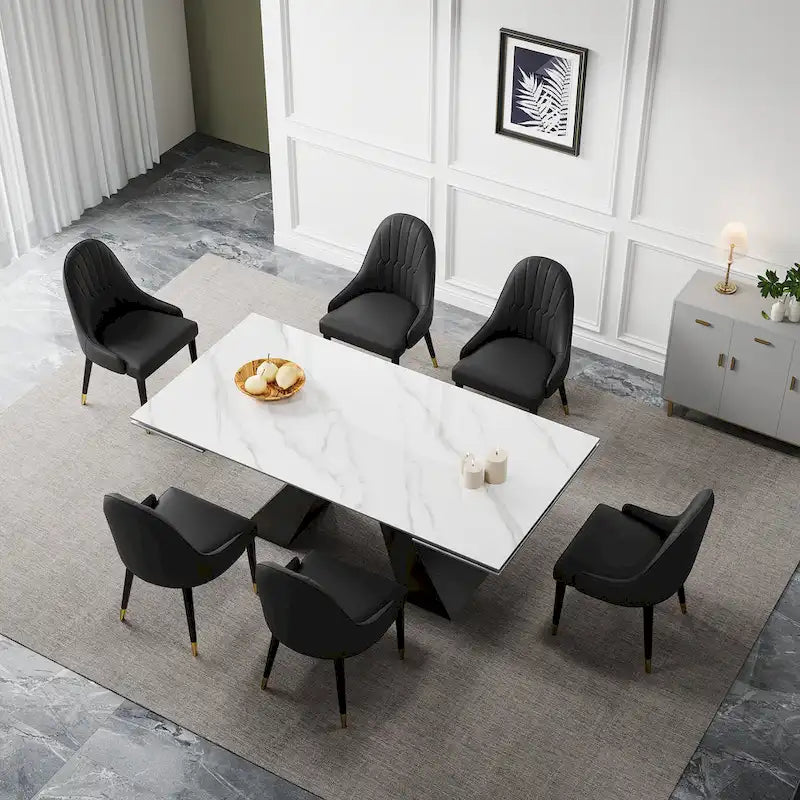 9 - Piece 110.24  Extendable Sintered Stone Dining Table and 8 Leather Chairs Dining Set