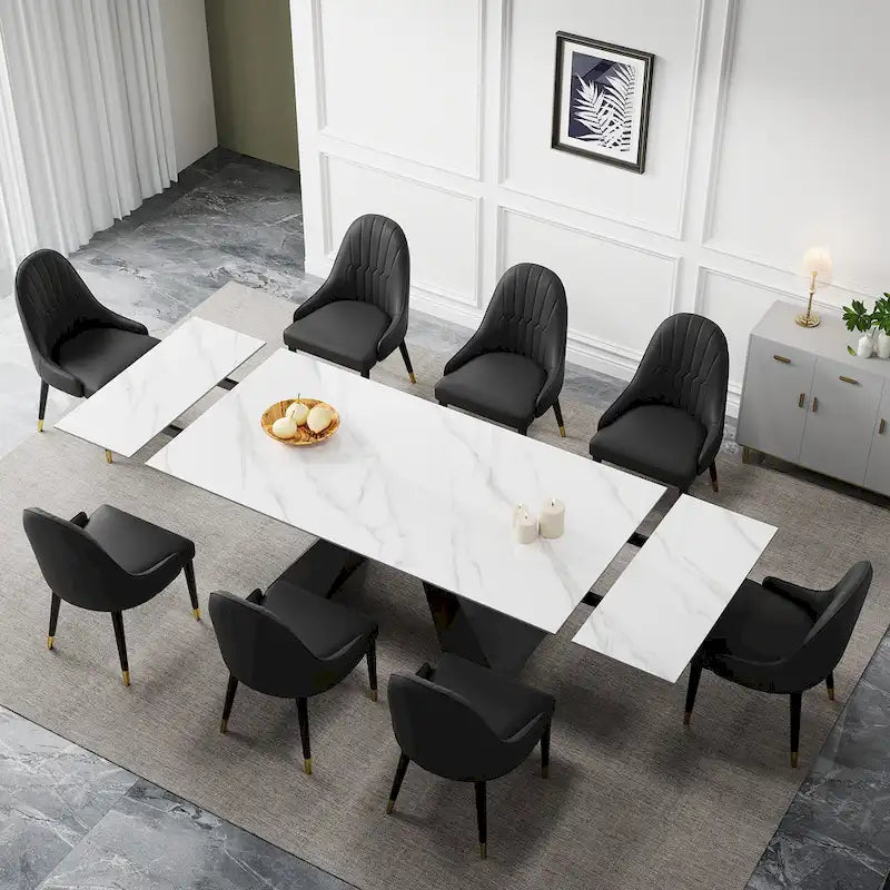 9 - Piece 110.24  Extendable Sintered Stone Dining Table and 8 Leather Chairs Dining Set