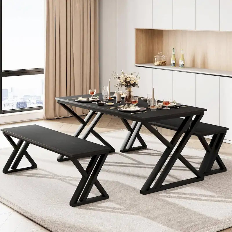 Modern Kitchen Dining Table Set with 2 Benches - N/A