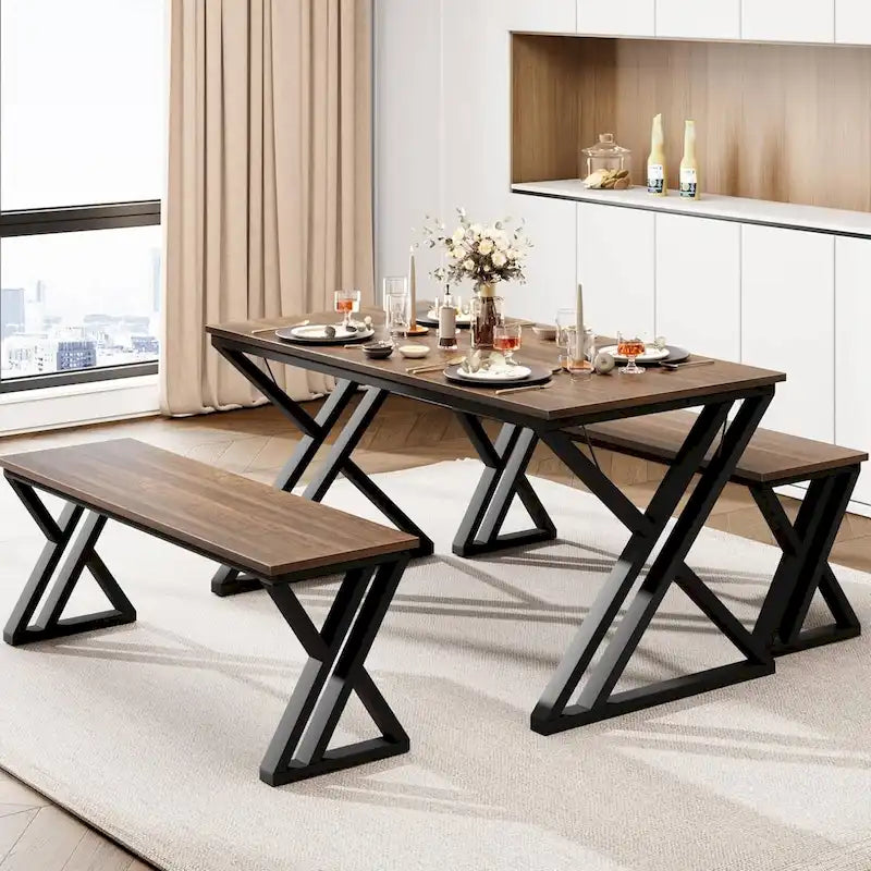 Modern Kitchen Dining Table Set with 2 Benches - N/A