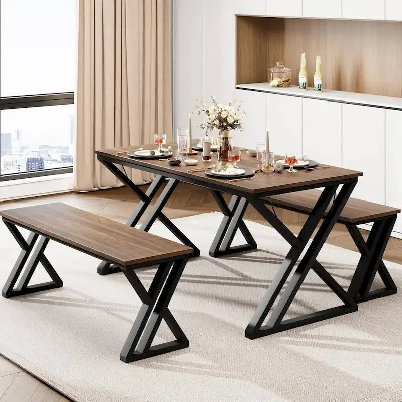 Modern Kitchen Dining Table Set with 2 Benches - N/A