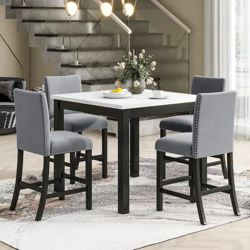 5-piece Counter Height Dining Table Set with One Faux Marble Top Dining Table and Four Velvet-Upholstered Chairs,Grey