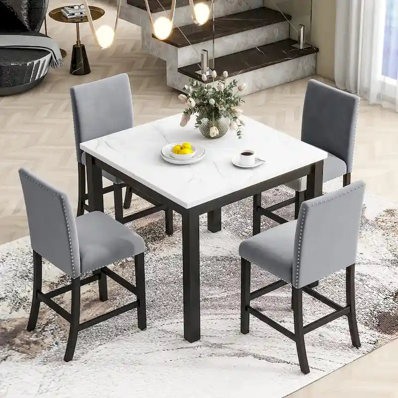 5-piece Counter Height Dining Table Set with One Faux Marble Top Dining Table and Four Velvet-Upholstered Chairs,Grey