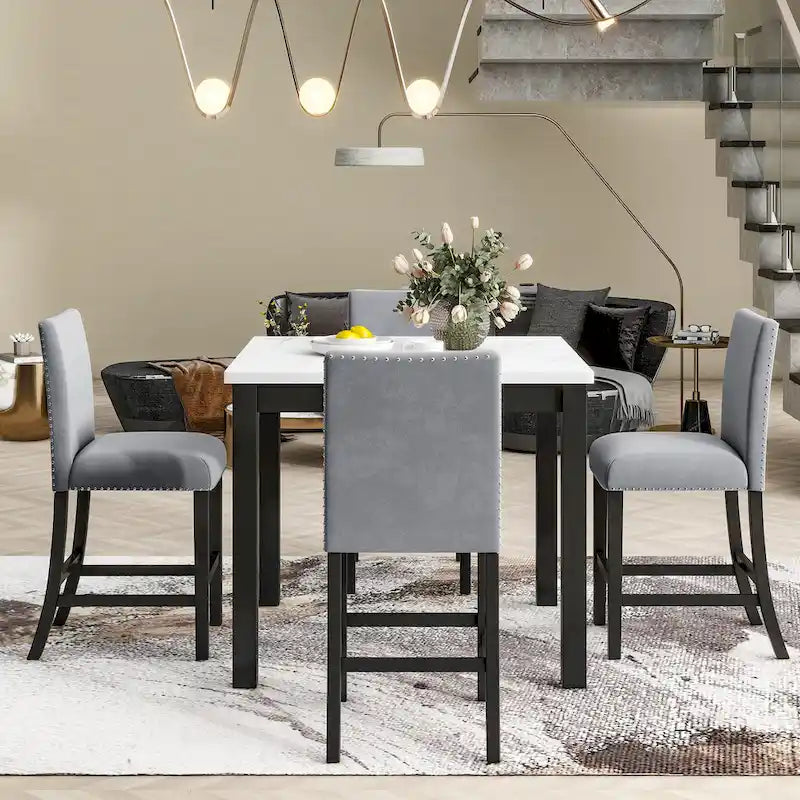 5-piece Counter Height Dining Table Set with One Faux Marble Top Dining Table and Four Velvet-Upholstered Chairs,Grey