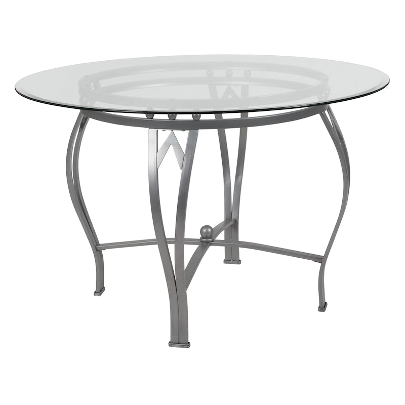 Syracuse 45  Round Glass Dining Table with Bowed Out Metal Frame