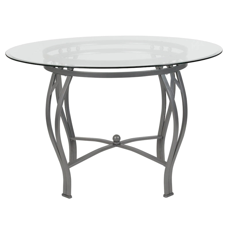Syracuse 45  Round Glass Dining Table with Bowed Out Metal Frame